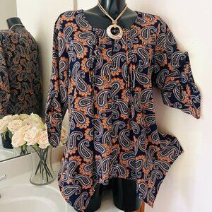 KIM ROGERS Women's Top, LARGE, blue Paisley stretch tunic, L